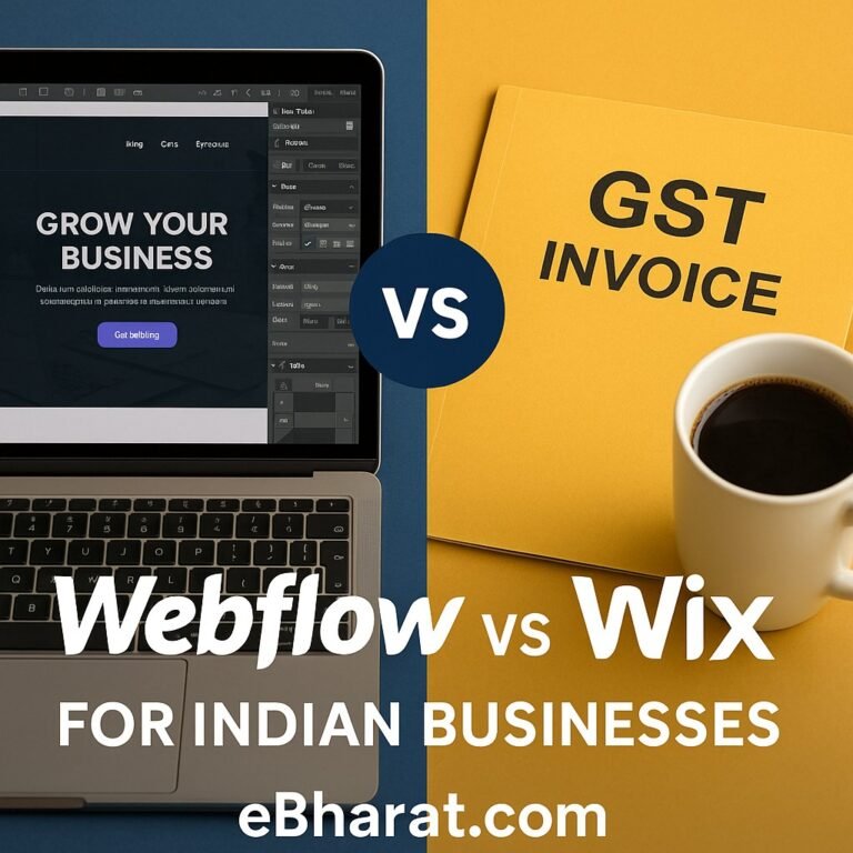 Two young Indian professionals working together at a desk with a laptop, GST folder, rupee symbol paper, and a whiteboard with sticky notes in the background. Watermark eBharat.com.