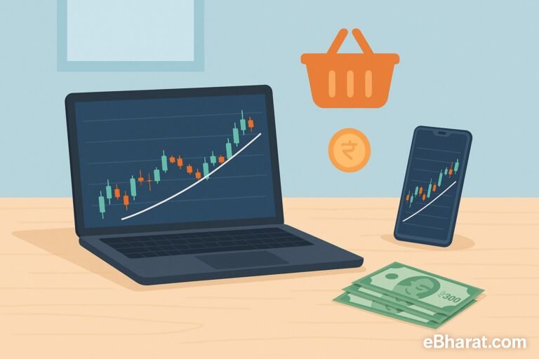 Laptop showing stock candlestick chart, smartphone with portfolio dashboard, Indian rupee notes, and a small basket icon symbolizing Smallcase portfolios on a desk. Watermark eBharat.com.