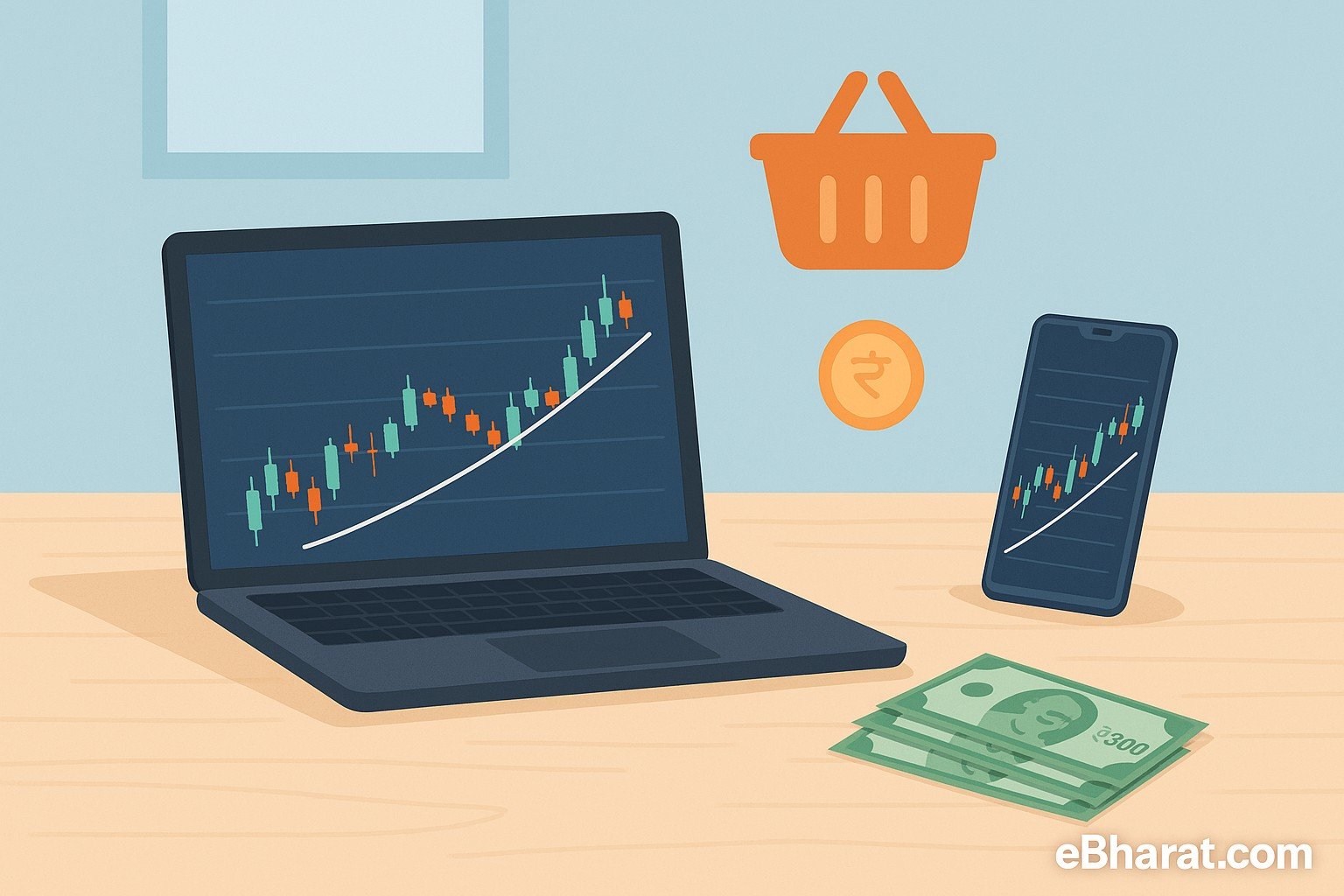 Laptop showing stock candlestick chart, smartphone with portfolio dashboard, Indian rupee notes, and a small basket icon symbolizing Smallcase portfolios on a desk. Watermark eBharat.com.