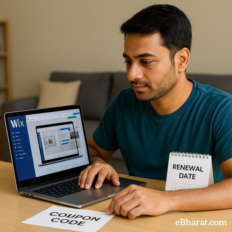 Indian freelancer using Wix website builder on laptop with a coupon code paper and a renewal date calendar on the desk.