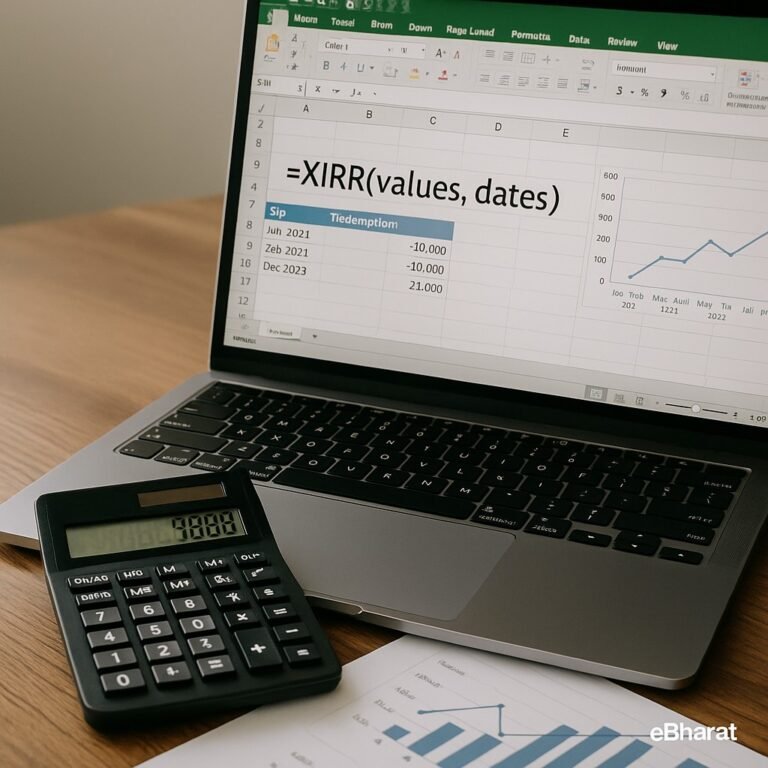 Workspace with laptop showing Excel financial data, calculator, printed investment documents with dates and amounts, and a jar of coins — concept of XIRR calculator and irregular cashflows.