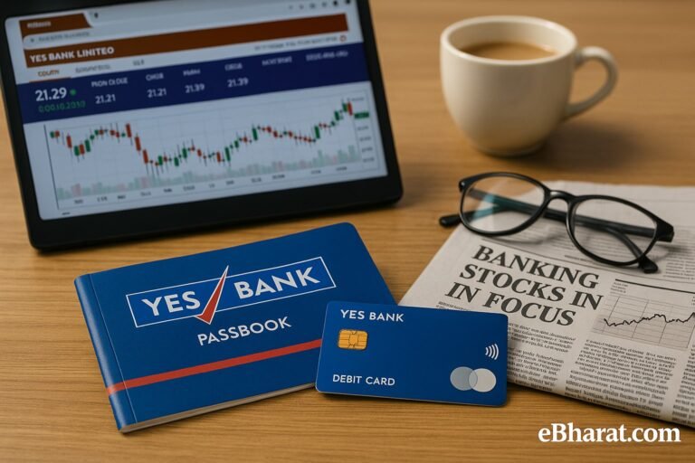 YES Bank passbook and debit card on a desk with stock chart on laptop and newspaper showing banking stocks in focus.