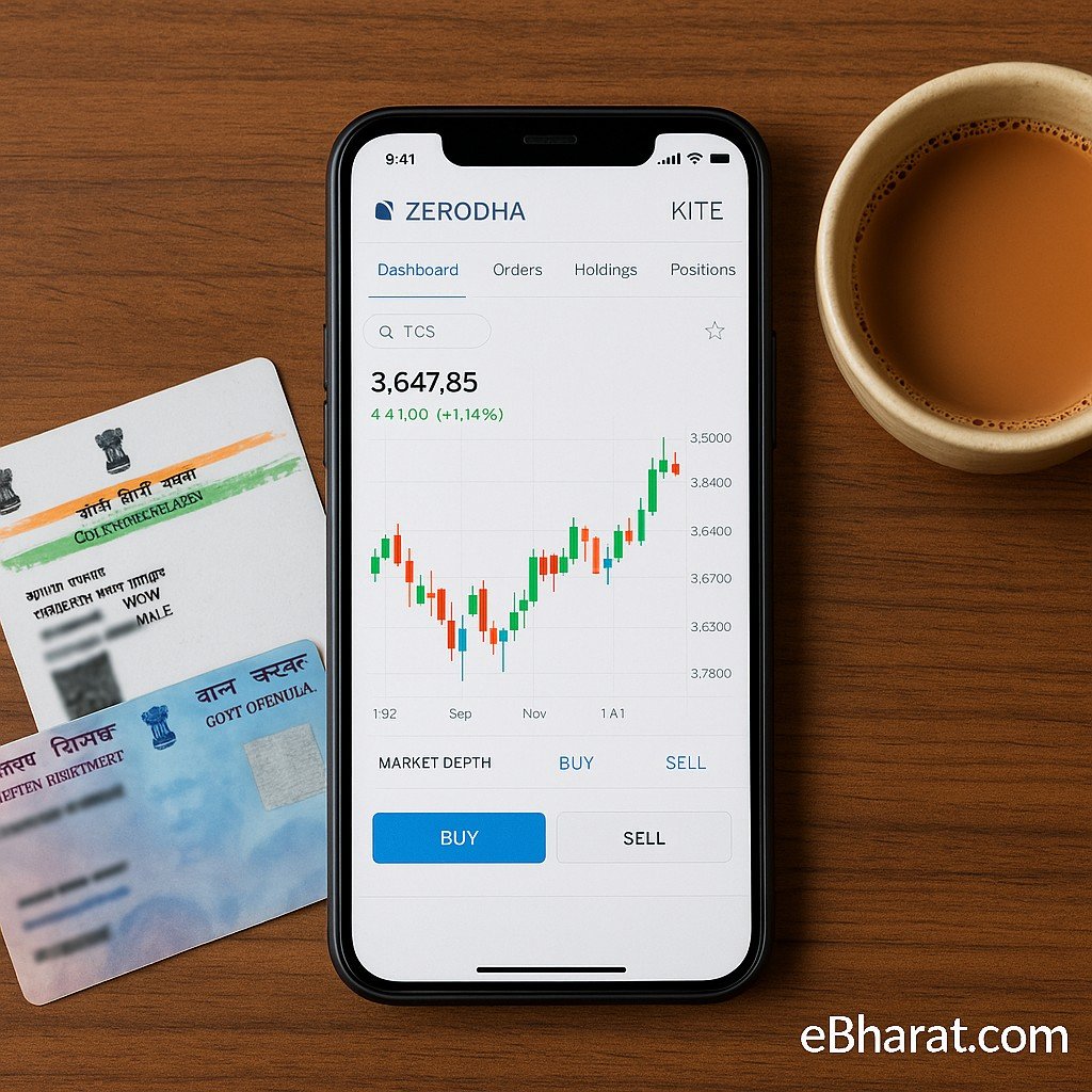 Smartphone displaying Zerodha Kite trading app with candlestick chart, Aadhaar and PAN card placed beside it, and a cup of chai on a wooden desk. Title: Affiliate – Zerodha Kite App Review 2025 | eBharat.com