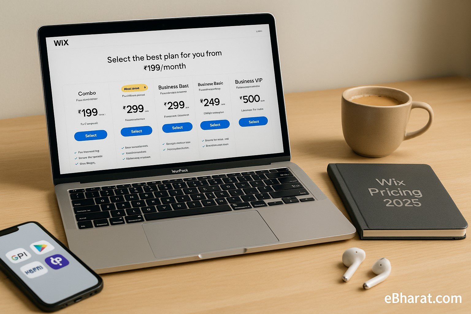 Laptop displaying Wix pricing plans with diary, smartphone showing UPI icons, earbuds, and chai cup on Indian desk.