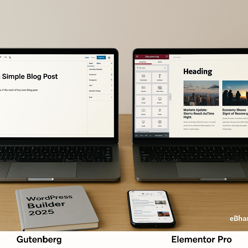 Two laptops on a wooden desk showing a split-screen comparison — the left laptop with Gutenberg block editor open on a simple blog post, and the right laptop with Elementor Pro displaying a drag-and-drop news-style layout. A diary titled “WordPress Builder 2025” and a smartphone with Google News feed are also on the desk, in a bright daylight professional workspace.