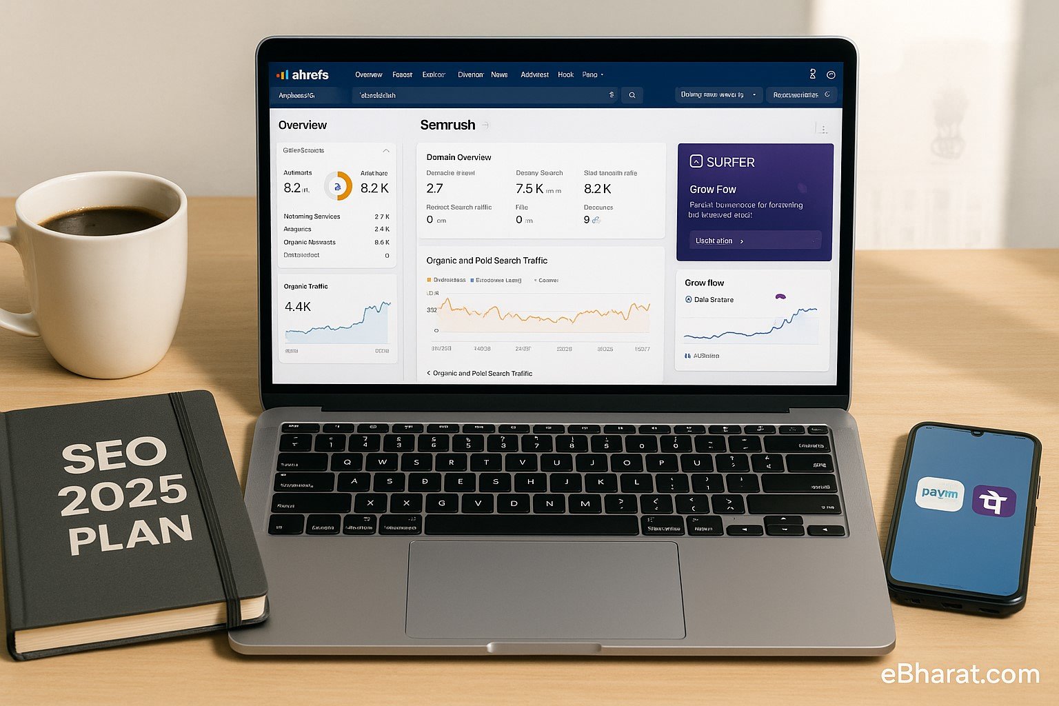 Laptop showing Ahrefs, Semrush, and SurferSEO dashboards with SEO plan diary.