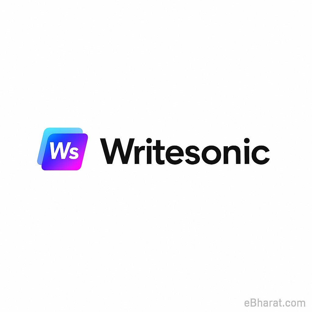"Writesonic logo with gradient Ws icon and brand name, featuring eBharat.com watermark at bottom right."