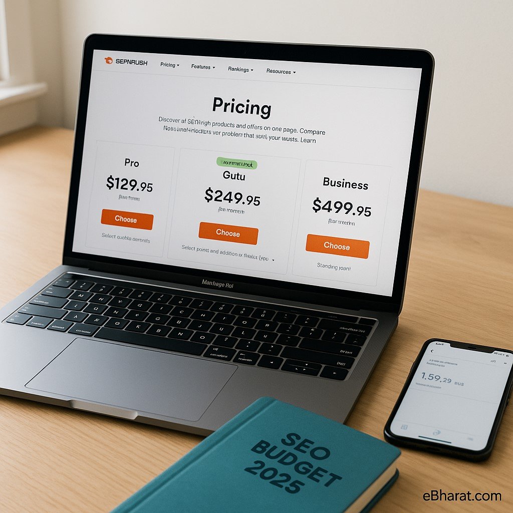 "SEO workspace with a laptop displaying Semrush pricing plans Pro, Guru, and Business, a teal diary labeled SEO Budget 2025, and a smartphone showing INR currency conversion on a wooden desk in bright daylight."