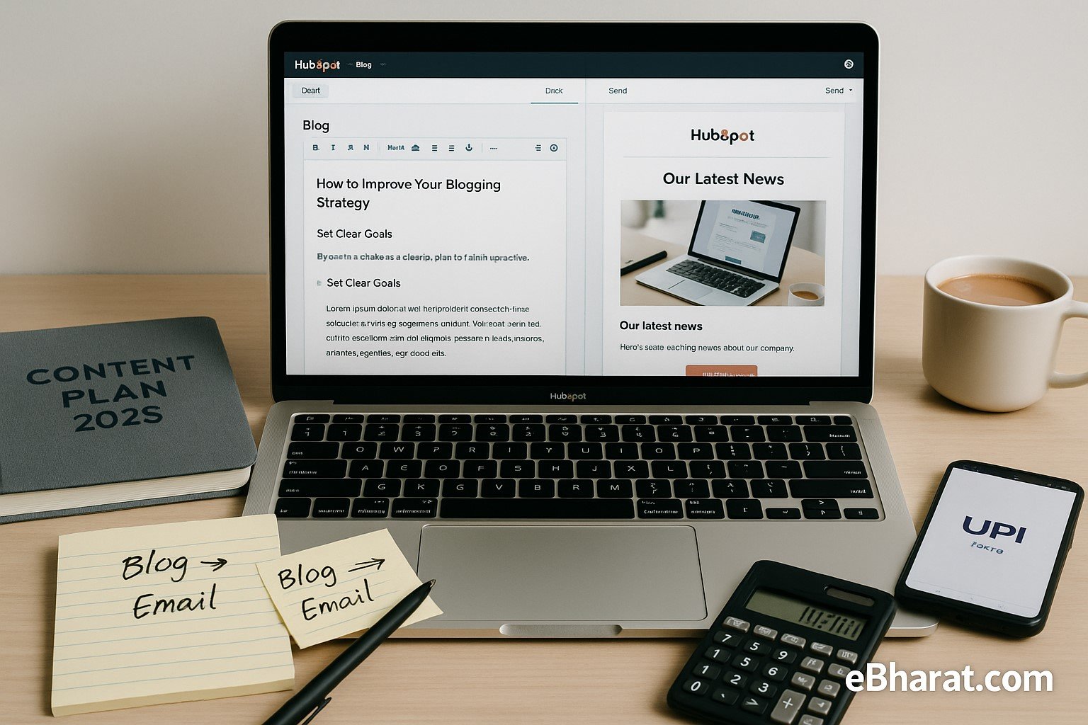 : Laptop showing HubSpot blog editor and newsletter template side by side, with Content Plan 2025 diary, UPI smartphone, and chai on desk.