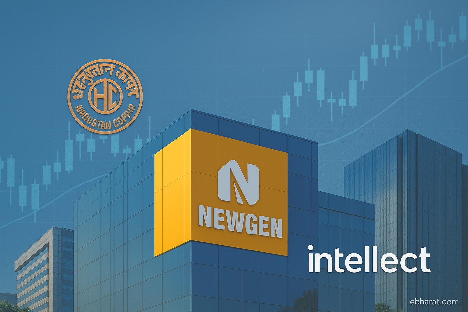“Copper bars, laptop with software code, and digital finance dashboard symbolizing Hindustan Copper, Newgen, and Intellect activity in Nifty Smallcap basket.”