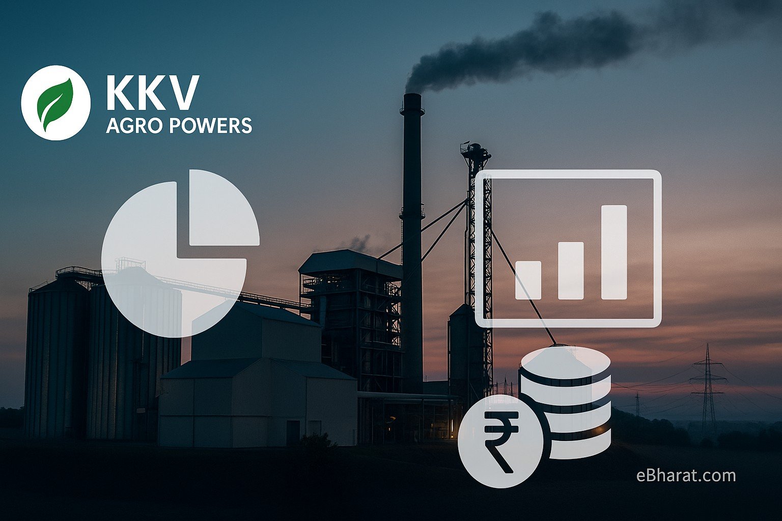 “Power-plant backdrop with a subtle divided-share/bonus icon and rupee silhouette, illustrating KKV Agro Powers’ 1:10 bonus allotment; eBharat.com watermark.”