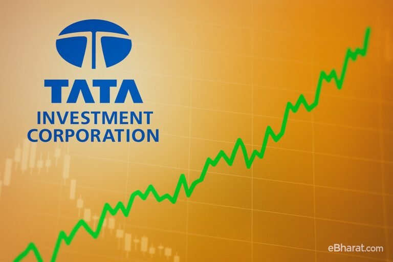 Digital composite image showing Tata Group logo blended with a corporate office building silhouette, set against a stock chart trending upward, symbolizing Tata Investment Corporation hitting a fresh 52-week high. eBharat.com watermark bottom-right.