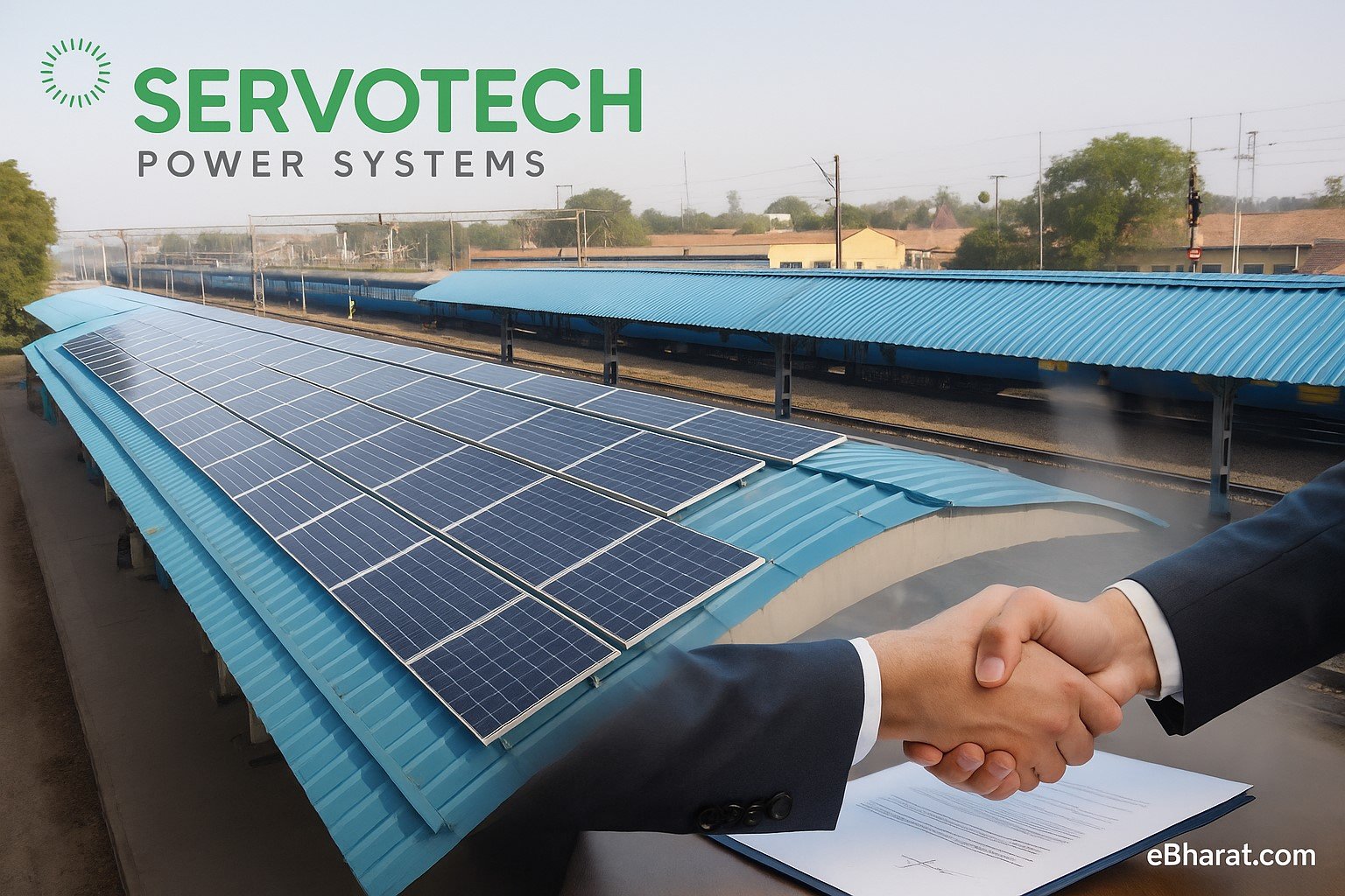 “Rooftop solar panels on blue metal railway station sheds with a train in the background; two executives shake hands over a contract in the foreground; Servotech Power Systems logo visible; eBharat.com watermark bottom-right.”