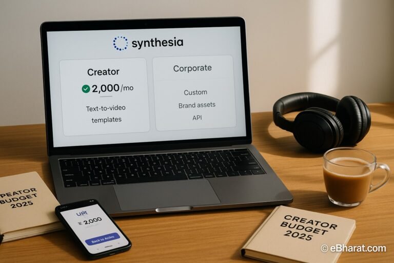 : Laptop showing Synthesia pricing with Creator Plan (~₹2,000/month) highlighted, diary Creator Budget 2025, smartphone UPI app, headset, and chai on desk.