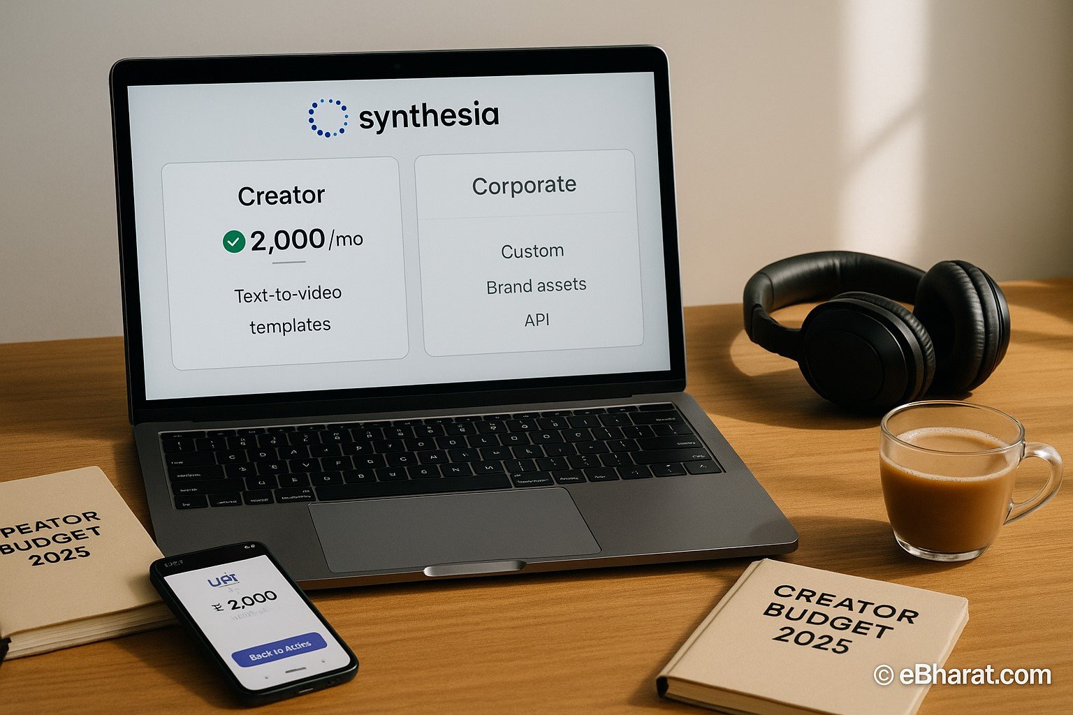 : Laptop showing Synthesia pricing with Creator Plan (~₹2,000/month) highlighted, diary Creator Budget 2025, smartphone UPI app, headset, and chai on desk.