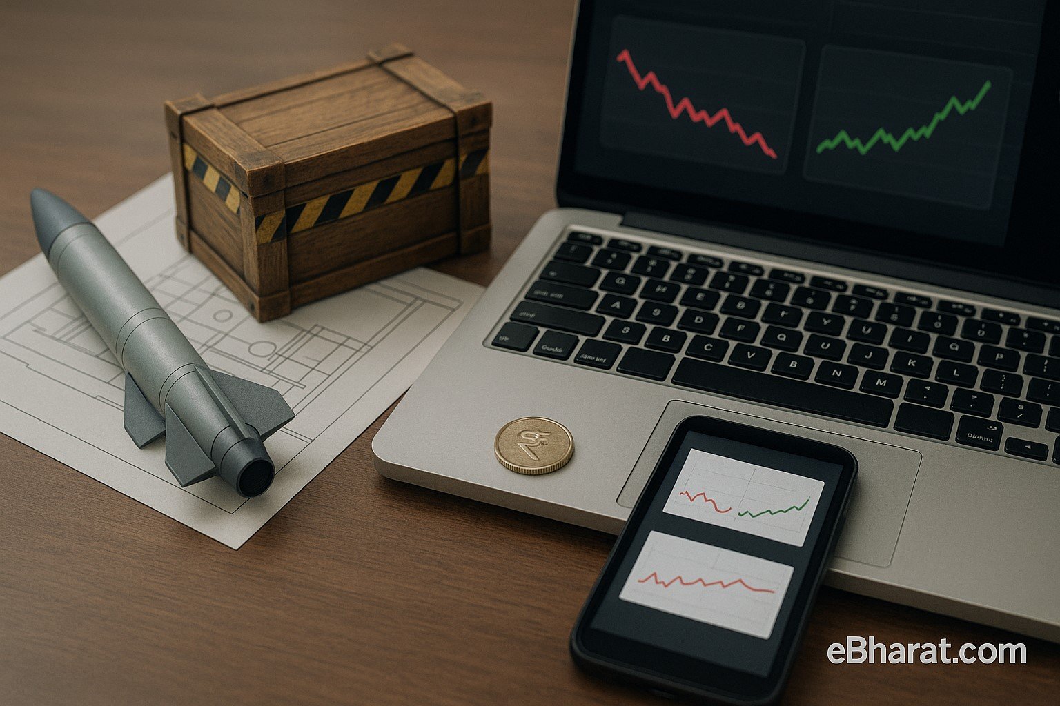 “Desk with defence models and laptop showing two stock mini-charts for Solar Industries and BDL.”