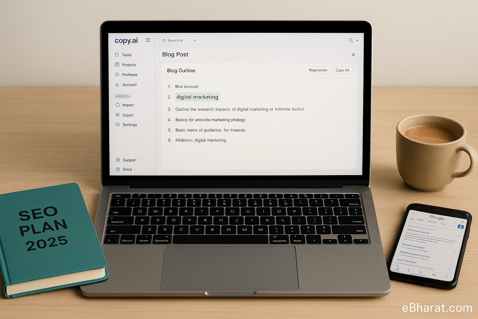 "Laptop displaying Copy.ai blog outline template with SEO keyword highlighted, alongside SEO Plan 2025 notebook, smartphone showing Google search results, and a cup of chai on desk."