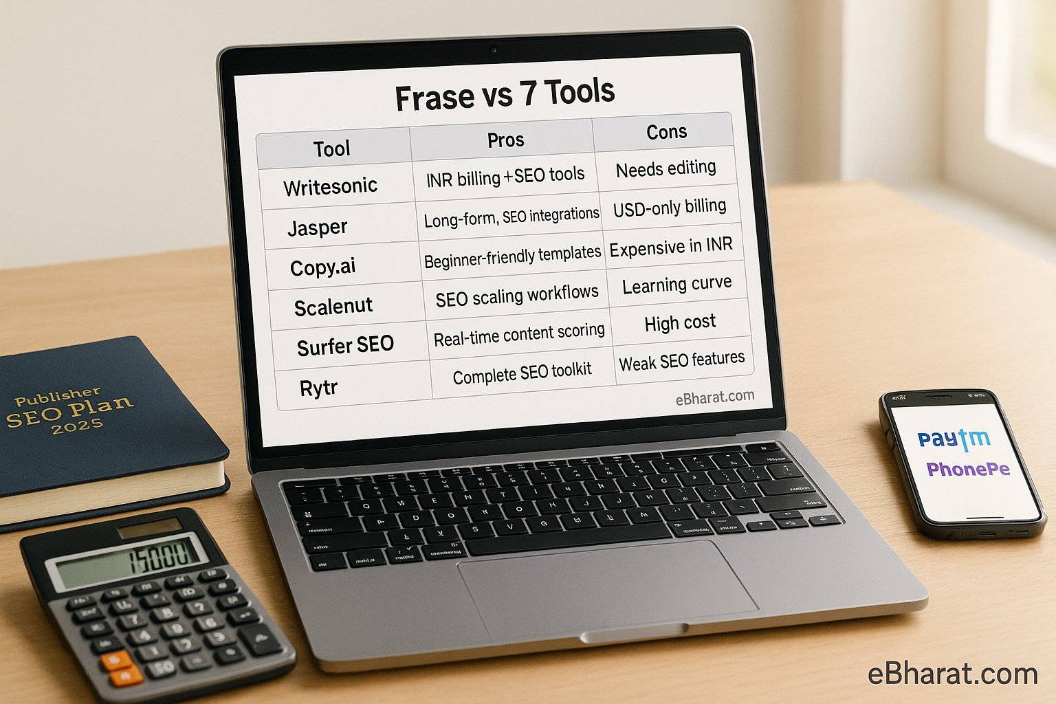 Bright publisher’s workspace with a laptop showing a “Frase vs 7 Tools” comparison (Writesonic, Jasper, Copy.ai, Scalenut, Surfer, Semrush, Rytr). Beside it are a diary titled “Publisher SEO Plan 2025,” a calculator with INR values, and a smartphone displaying UPI apps Paytm and PhonePe; eBharat.com watermark bottom-right.