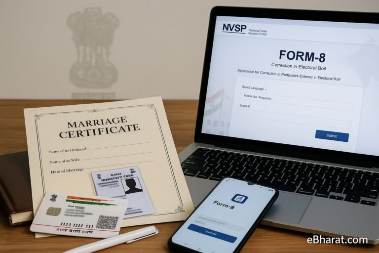 Marriage Certificate और वोटर आईडी के साथ NVSP पोर्टल पर नाम-पता बदलाव पेज।