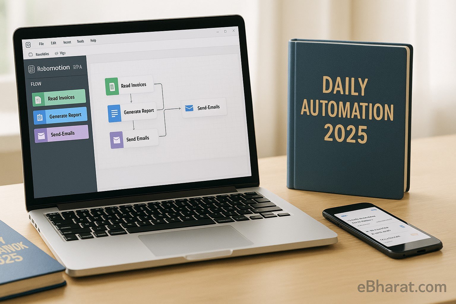 Laptop displaying Robomotion RPA workflow automating invoices to reports to emails, with a diary titled “Daily Automation 2025” and a smartphone showing email and payment notifications on a bright small business desk.