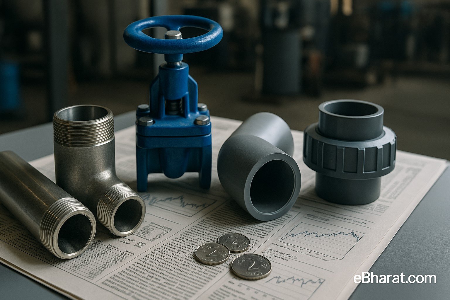 “Industrial components and IPO form on desk with coins, symbolizing Valplast Technologies SME IPO opening at ₹51–₹54.”