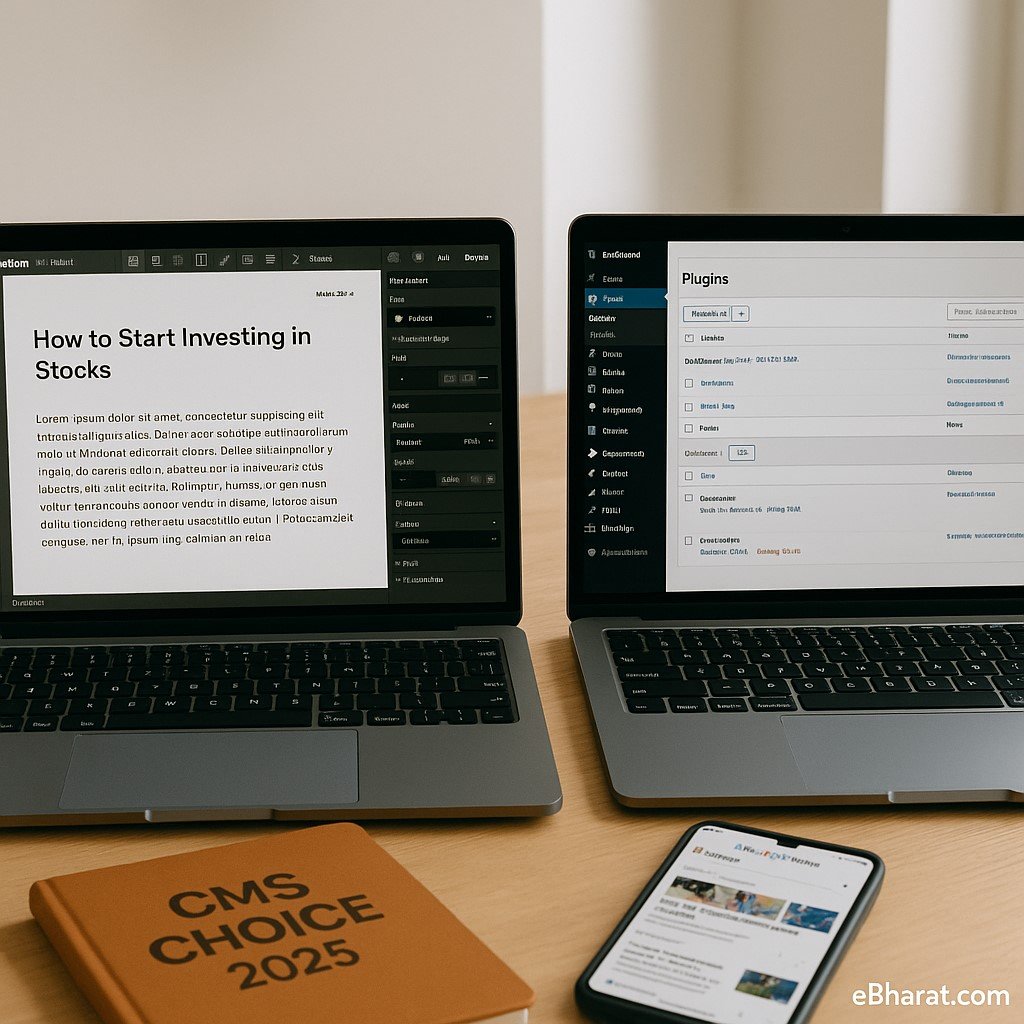 Two laptops side by side on a wooden desk, the left showing Webflow’s visual editor with a finance blog draft open, and the right displaying the WordPress dashboard with plugins list. A diary titled “CMS Choice 2025” and a smartphone with Google News feed are also placed on the desk.