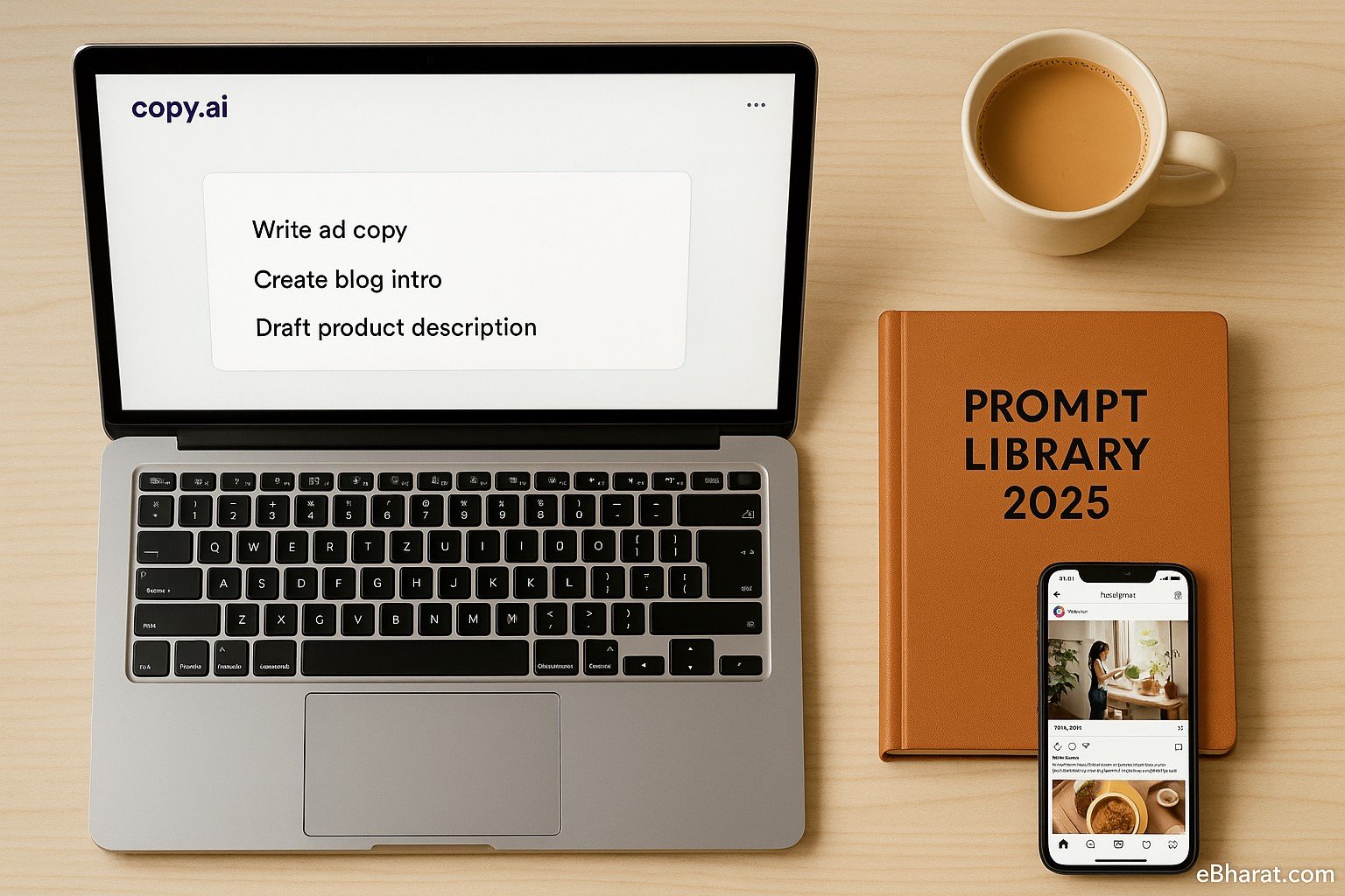 "Flat-lay desk with laptop running Copy.ai prompts, Prompt Library 2025 diary, smartphone showing Instagram ads, and a cup of chai for Indian blogger context."