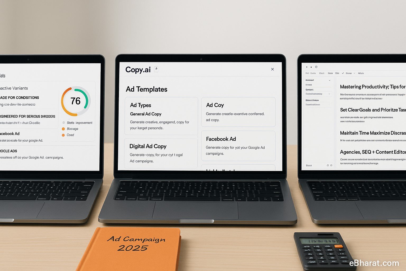 "Three laptops side by side showing Anyword predictive scoring dashboard, Copy.ai ad templates, and Jasper long-form content editor, with Ad Campaign 2025 diary and calculator displaying INR amounts on desk."