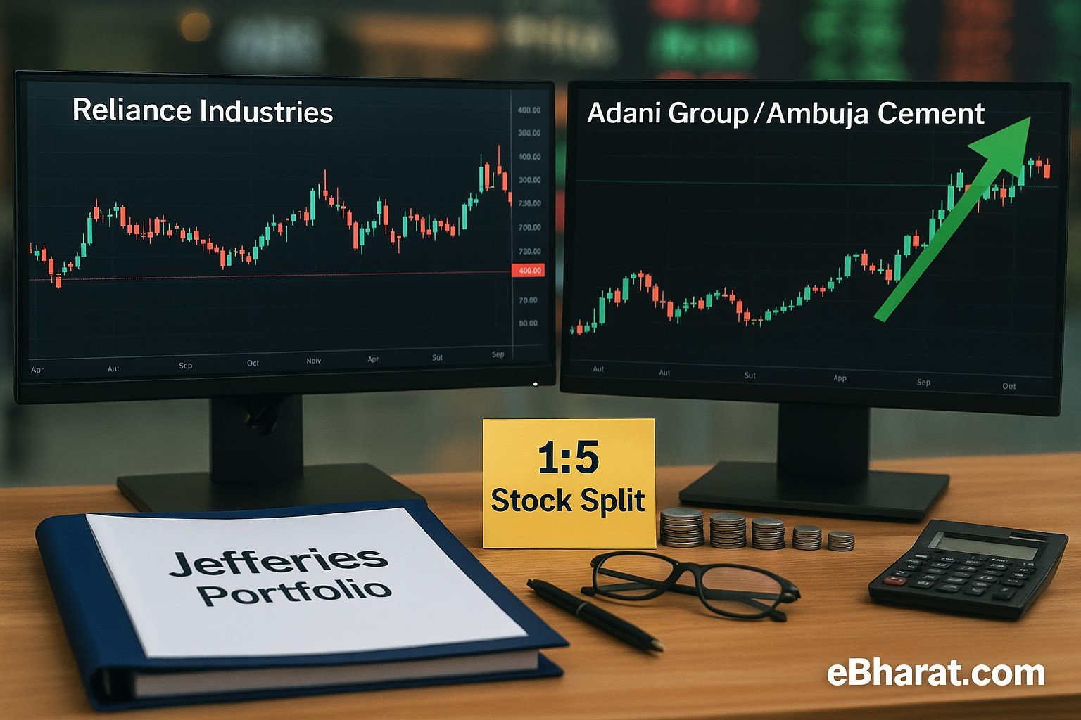 “Trading desk showing Reliance chart flat and Adani chart rising, with Jefferies portfolio binder on desk symbolizing institutional reallocation.”