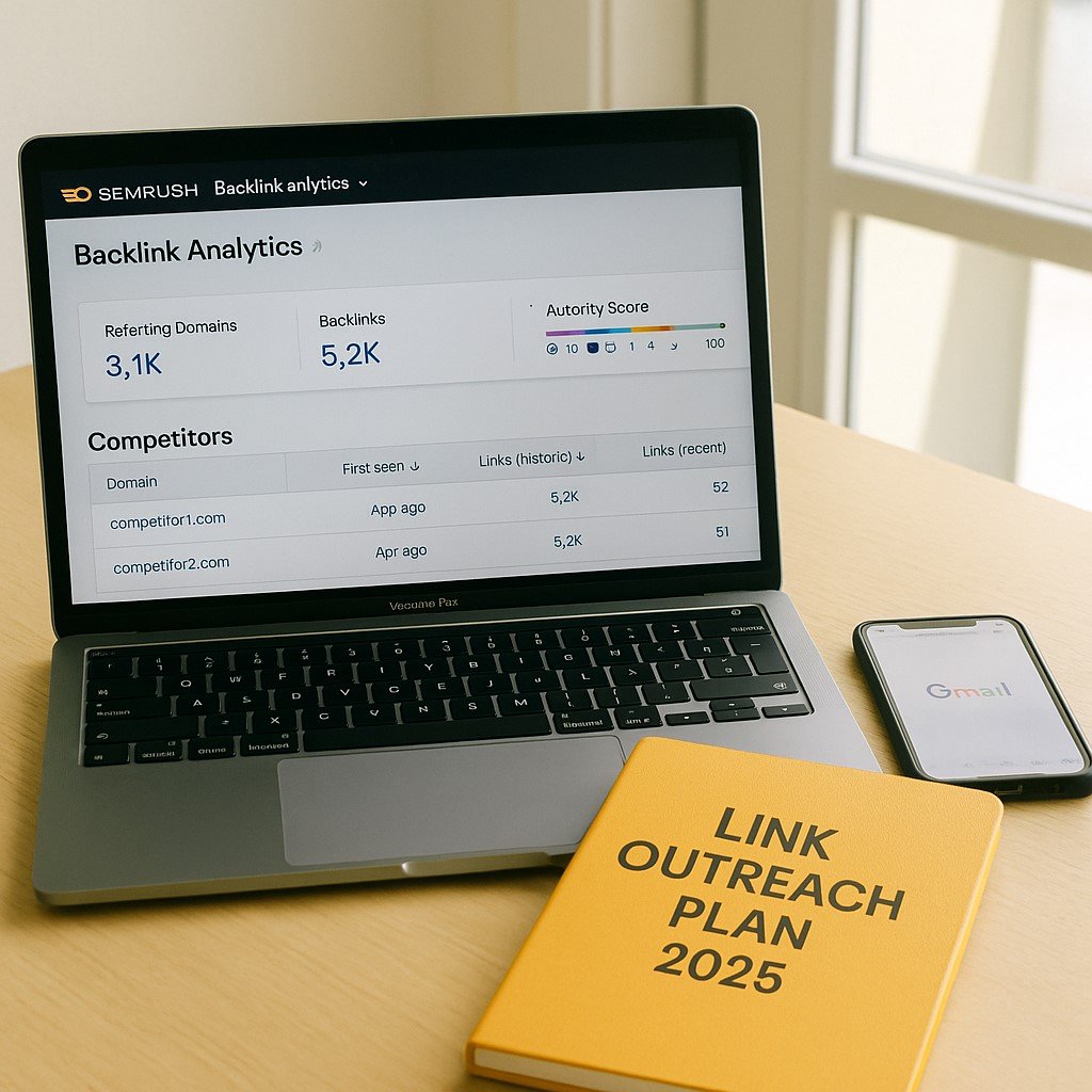 "Laptop showing Semrush Backlink Analytics dashboard with competitor links, beside a yellow diary titled Link Outreach Plan 2025 and a smartphone open to Gmail on a bright desk."