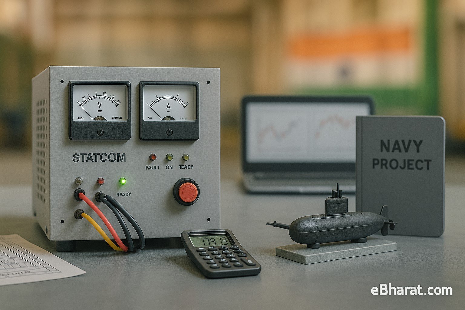 Defence lab workbench with a grey metallic STATCOM unit showing gauges and wiring, a small submarine model, and a Navy project folder, with blurred Indian flag tones in the background.”