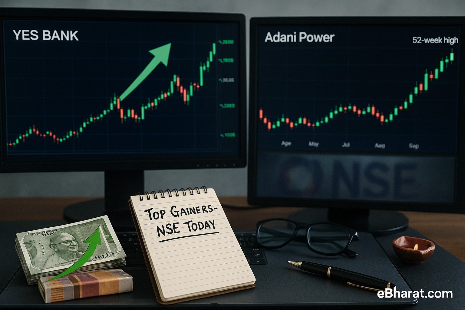 “Trading desk showing YES Bank and Adani Power stock charts rising, with a notepad titled ‘Top Gainers – NSE Today’ symbolizing big market movers.”