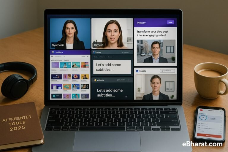 Laptop with six panels showing Synthesia, HeyGen, Pictory, InVideo, Veed.io, and Elai.io/DeepBrain AI interfaces, diary AI Presenter Tools 2025, YouTube upload phone, headset, and chai.