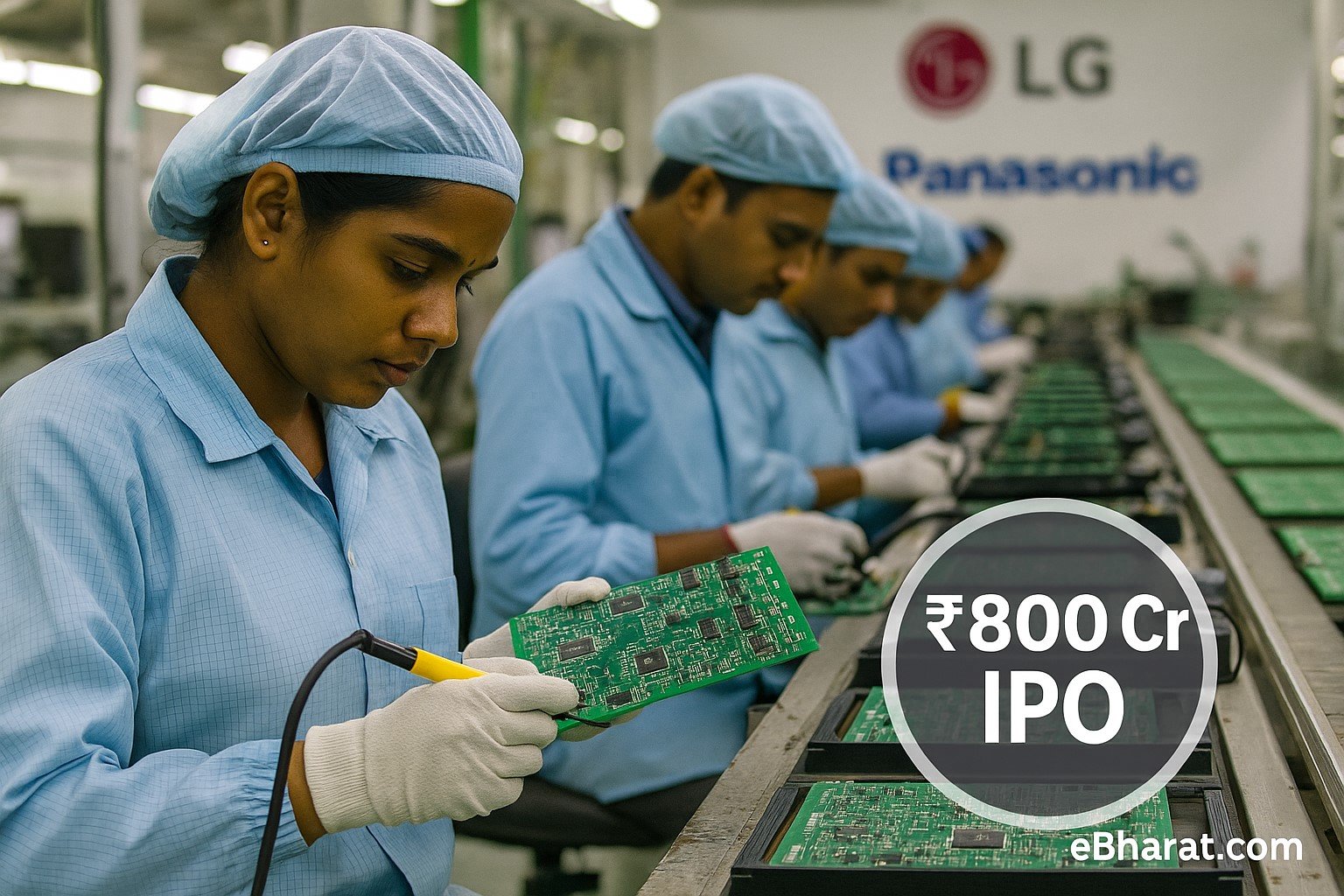 Workers at Indian electronics assembly line with LG and Panasonic in background, symbolizing UKB Electronics’ ₹800 crore IPO.