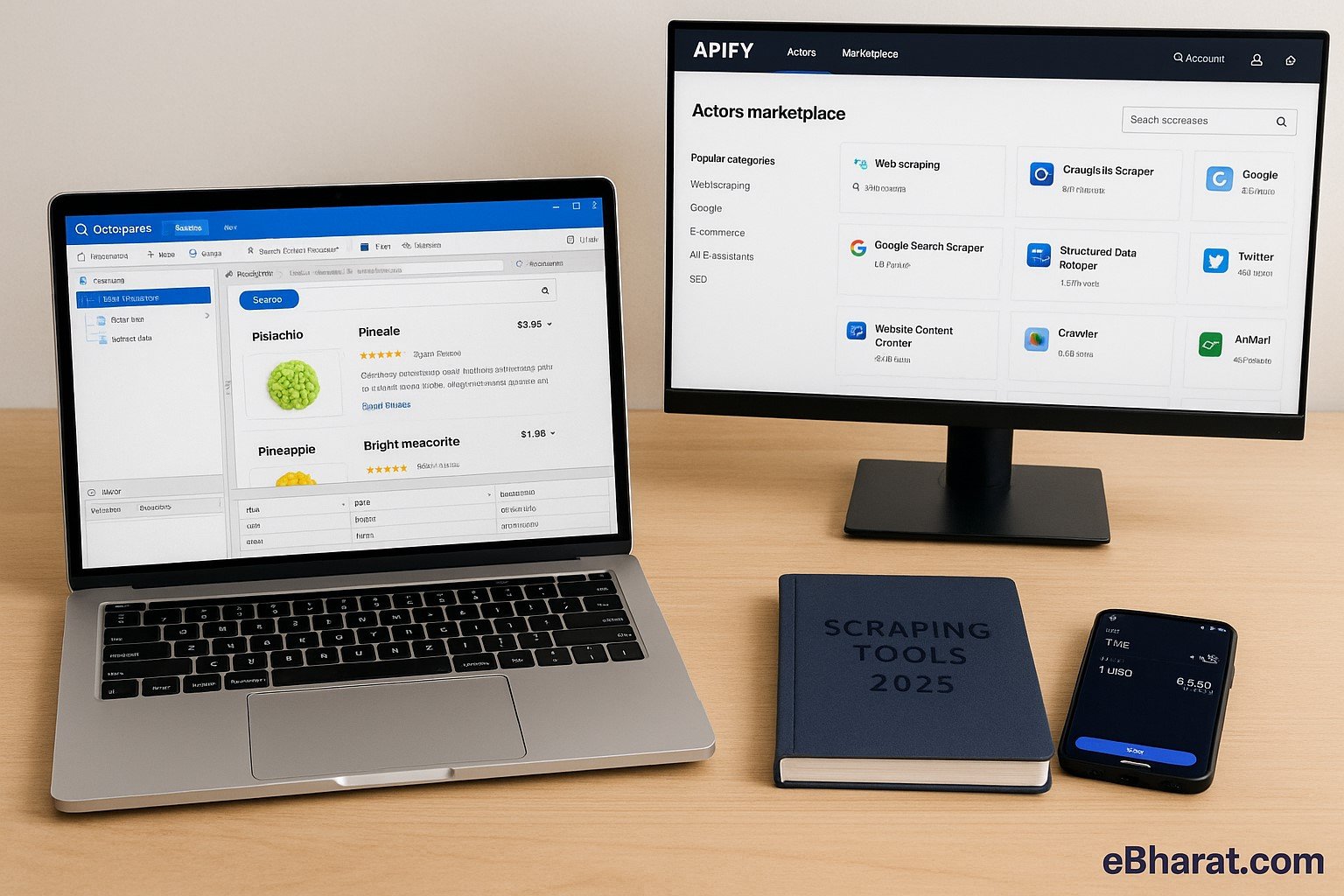 Side-by-side comparison of Octoparse desktop app and Apify cloud dashboard showing web scraping workflows for 2025.