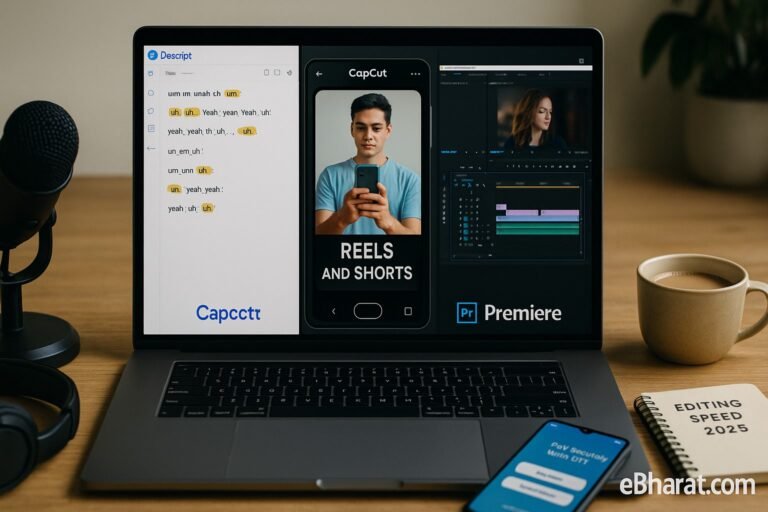 Laptop showing Descript, CapCut, and Premiere Pro side by side with editing interfaces, diary Editing Speed 2025, microphone, UPI smartphone, and chai on desk.