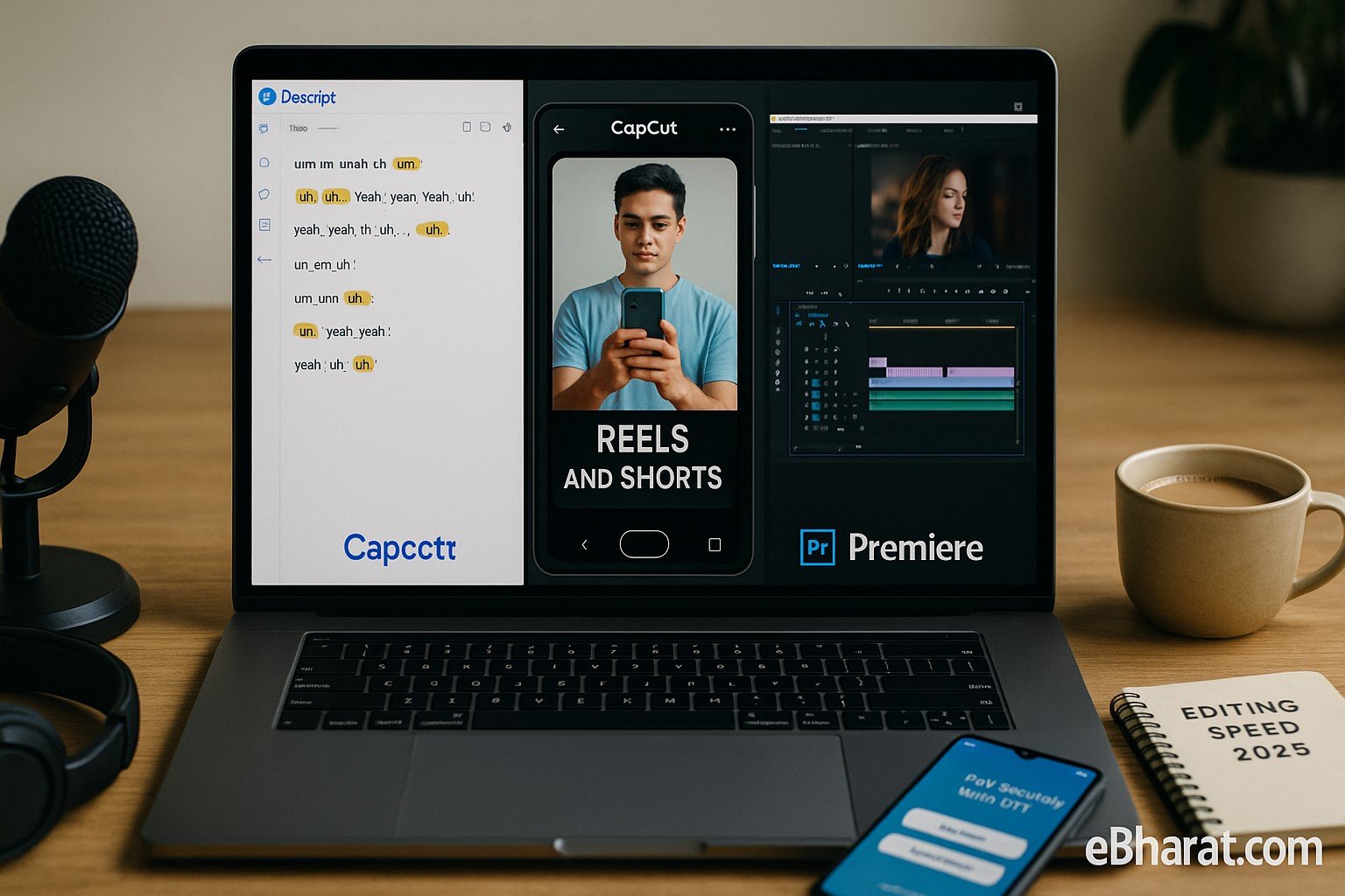 Laptop showing Descript, CapCut, and Premiere Pro side by side with editing interfaces, diary Editing Speed 2025, microphone, UPI smartphone, and chai on desk.