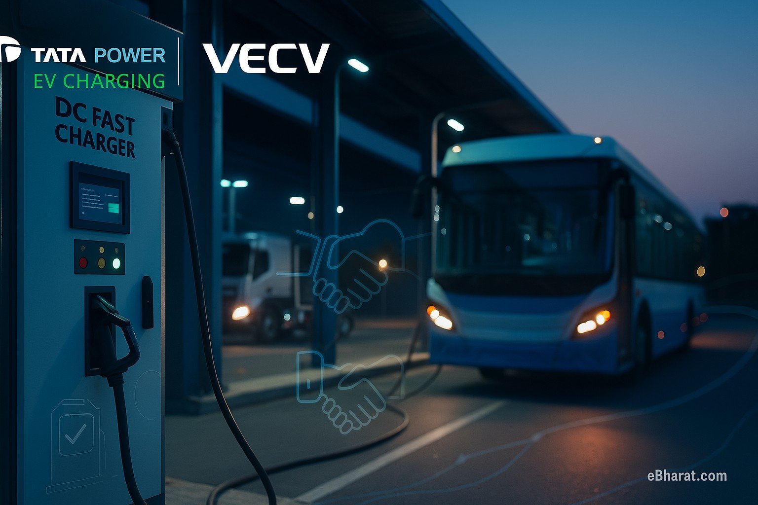 “EV depot at dusk with a DC fast charger in the foreground, an electric bus plugged in and an e-truck in the background; subtle handshake/contract overlay; Tata Power EV Charging and VECV logos top-left; eBharat.com watermark bottom-right.”