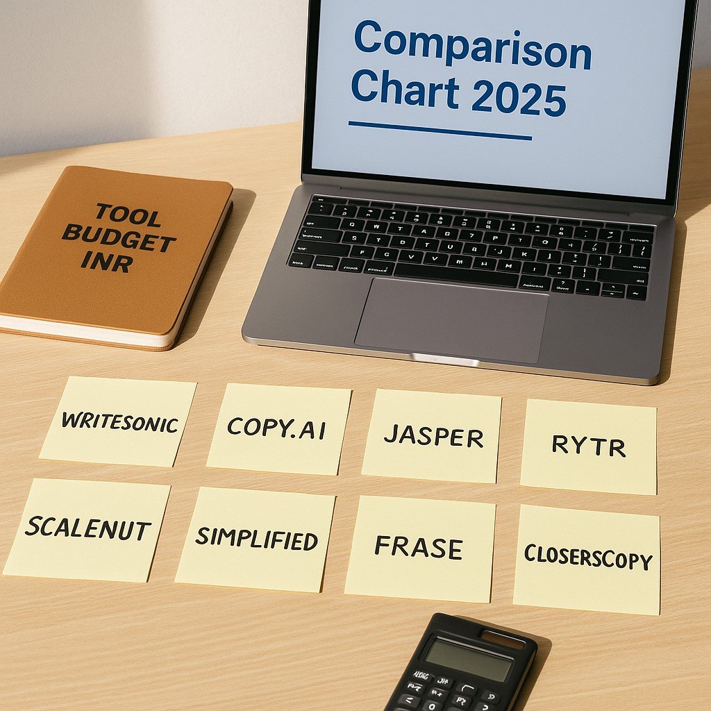 A professional workspace with a laptop displaying “Comparison Chart 2025,” eight sticky notes labeled Writesonic, Copy.ai, Jasper, Rytr, Scalenut, Simplified, Frase, and ClosersCopy, alongside a diary titled “Tool Budget INR” and a calculator on the desk.