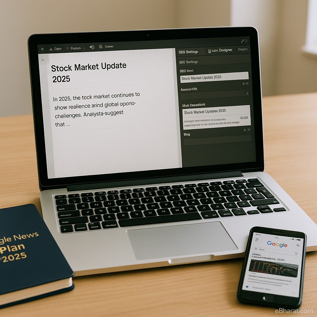 Laptop screen showing Webflow CMS editor with a finance article draft titled “Stock Market Update 2025” and SEO settings sidebar, placed on a wooden desk beside a diary titled “Google News Plan 2025” and a smartphone displaying the Google News feed.
