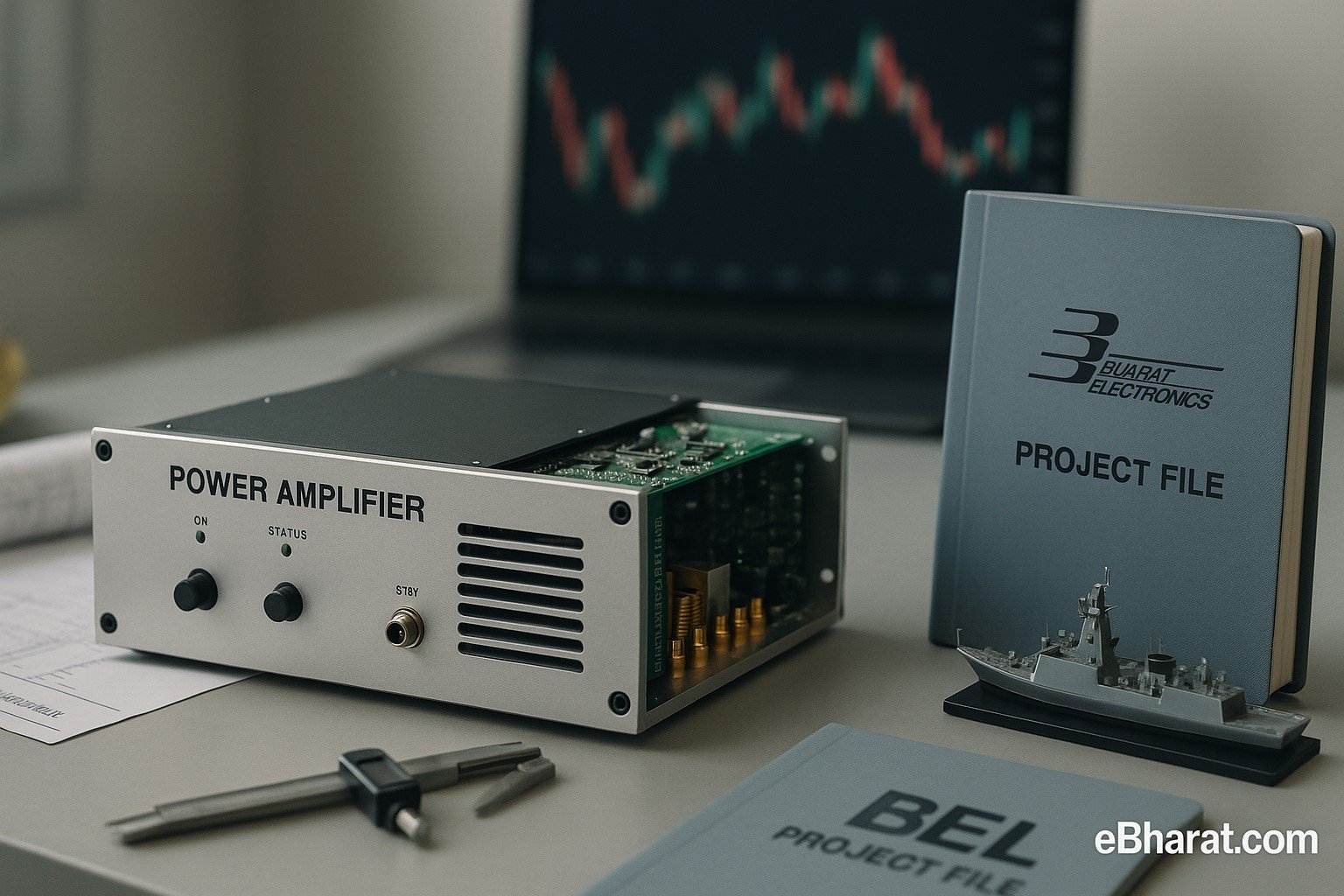 “Defence electronics lab table with a partially open power amplifier showing circuit boards, a BEL project file folder, and a small Indian Navy ship model, with a blurred candlestick stock chart on a laptop in the background.”