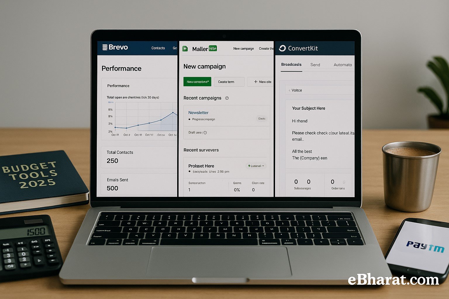 Laptop with Brevo, MailerLite, and ConvertKit dashboards side by side, diary titled Budget Tools 2025, calculator, and UPI smartphone on Indian desk.