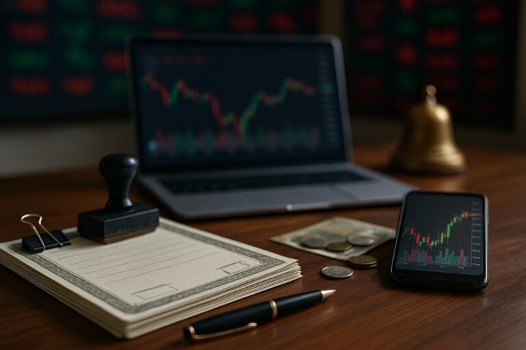Close-up trading desk with laptop and phone showing candlestick charts, Indian currency and a stamp on papers, symbolizing heavy block-deal activity.