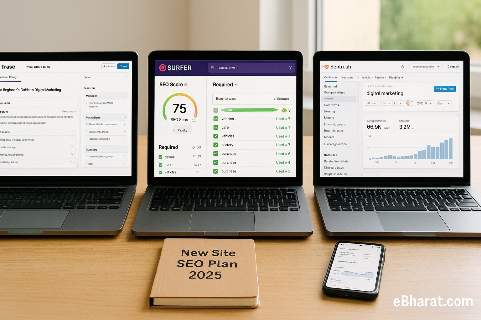 Three laptops on a desk in daylight showing SEO tools side by side—Frase content brief (left), Surfer SEO on-page scoring with keyword checklist (center), and Semrush keyword research with backlink graph (right). In front: a diary labeled “New Site SEO Plan 2025” and a smartphone displaying Google Search Console; eBharat.com watermark bottom-right.