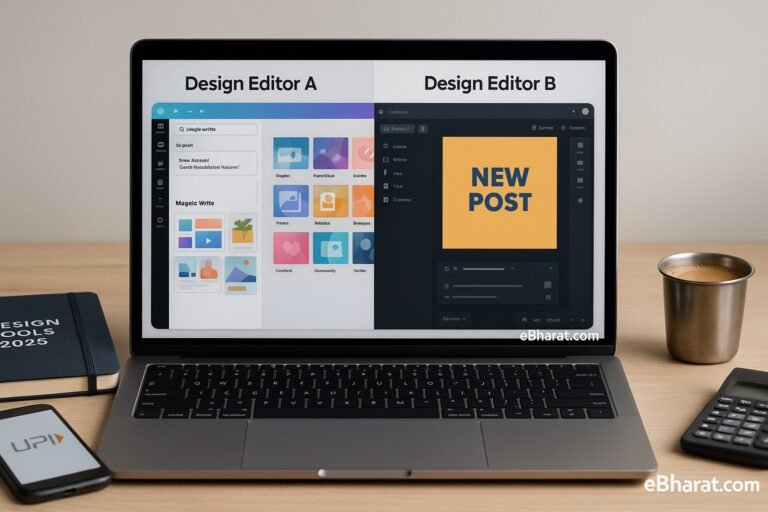 Laptop showing Canva Pro and Adobe Express dashboards side by side with diary Design Tools 2025, UPI smartphone, and chai on desk.