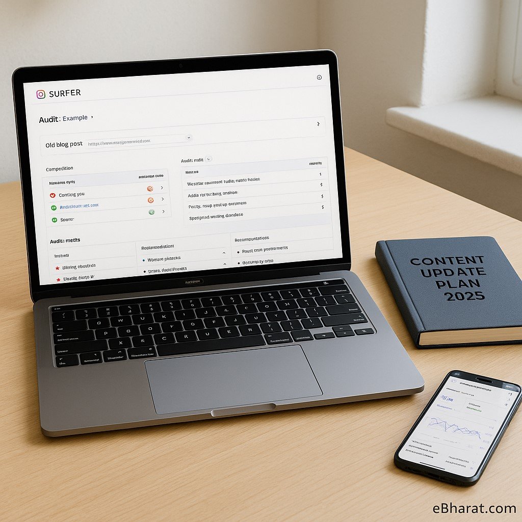 "Professional blogger workspace with a laptop showing Surfer Audit dashboard comparing an old blog post against competitor SERPs, a diary titled Content Update Plan 2025, and a smartphone displaying Google Search Console refresh."