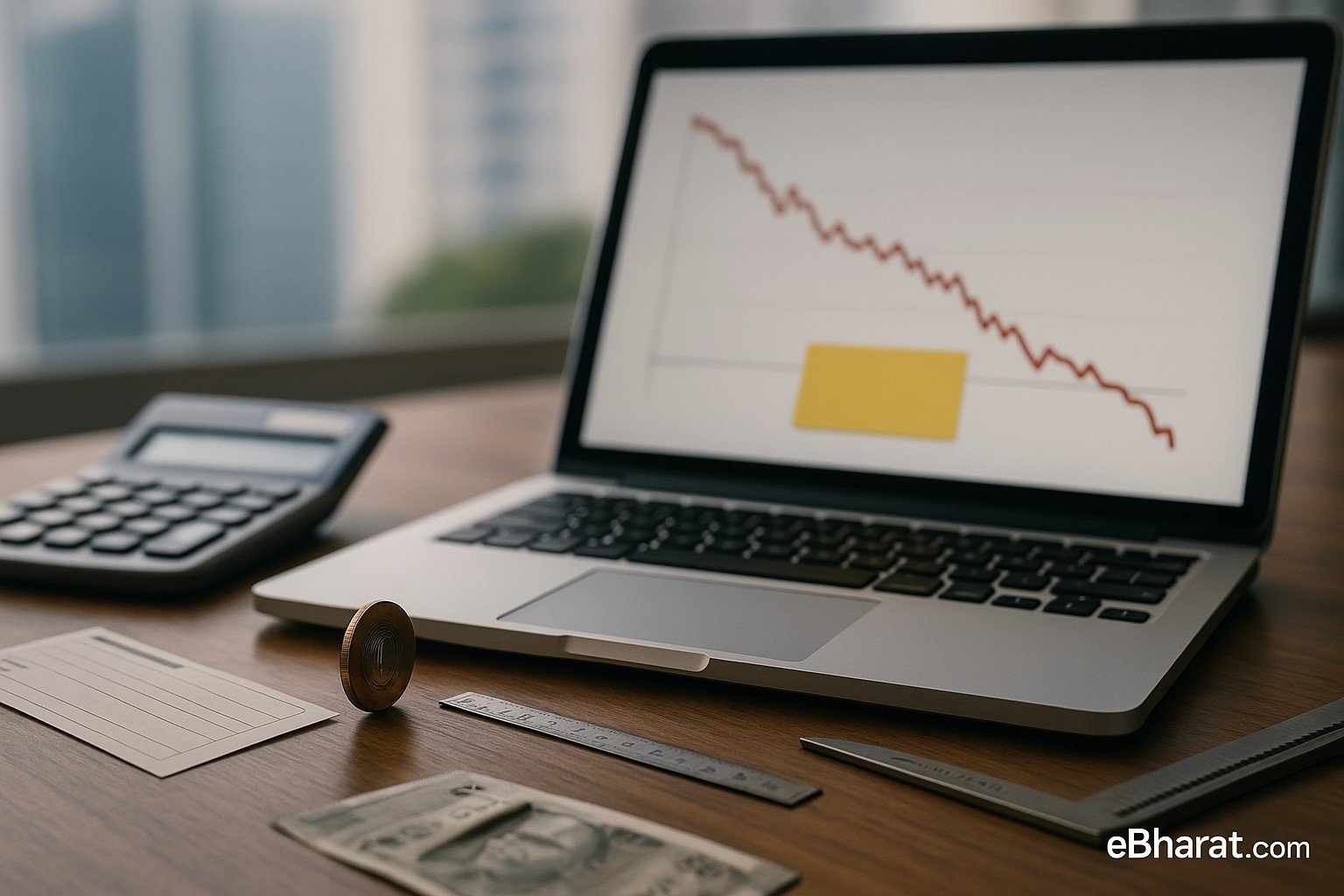 “Desk with laptop mini-chart and measuring tools, suggesting Nifty support levels.”