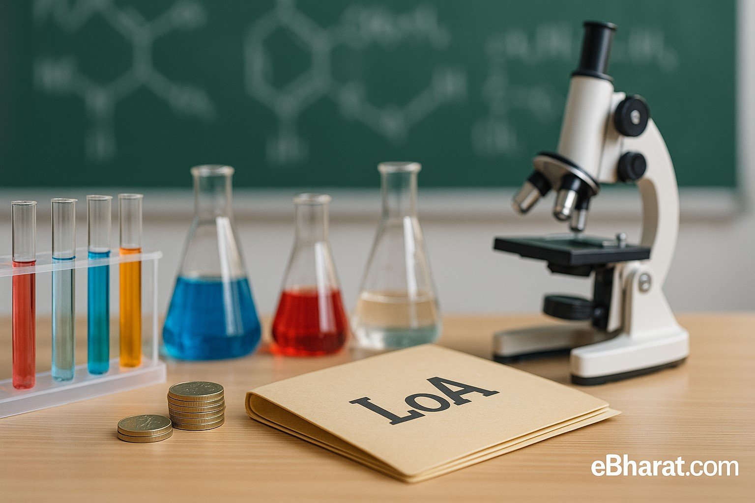 “Science lab setup with microscope, test tubes, and rupee coins, symbolizing RailTel’s ₹970 crore Bihar schools project under Samagra Shiksha.”