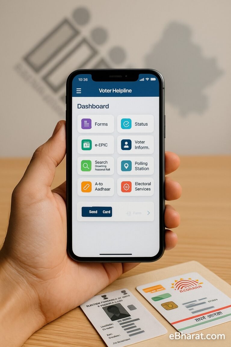 Voter Helpline App डैशबोर्ड और टेबल पर वोटर आईडी व आधार।