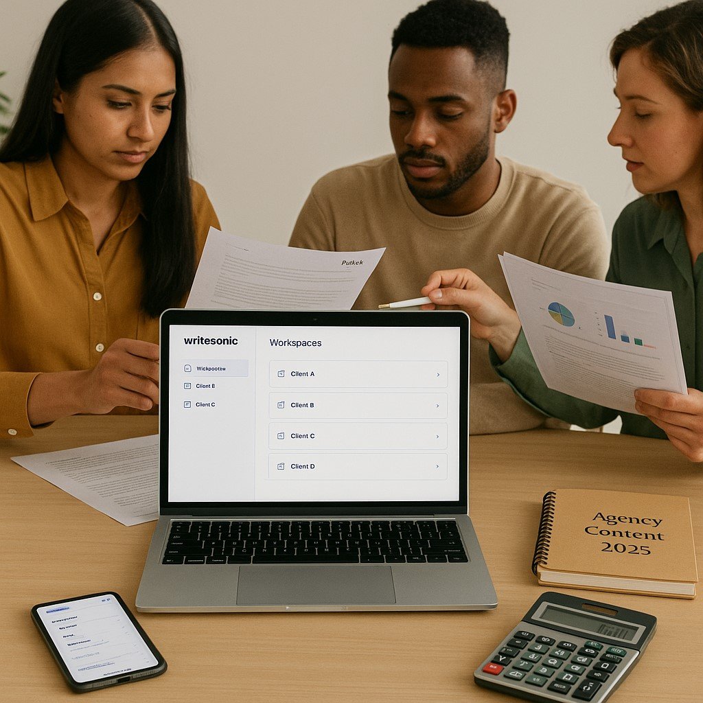 "Team workspace with three colleagues reviewing drafts and reports around a laptop showing Writesonic Workspaces dashboard with multiple client names, alongside Agency Content 2025 diary and calculator with rupee values."